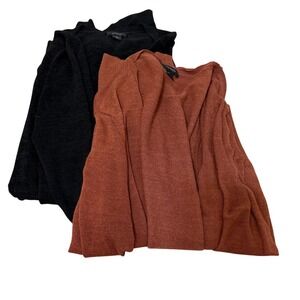 Halogen Women Cardigan Set L Petite Black Rust Linen Blend Open Front Coastal